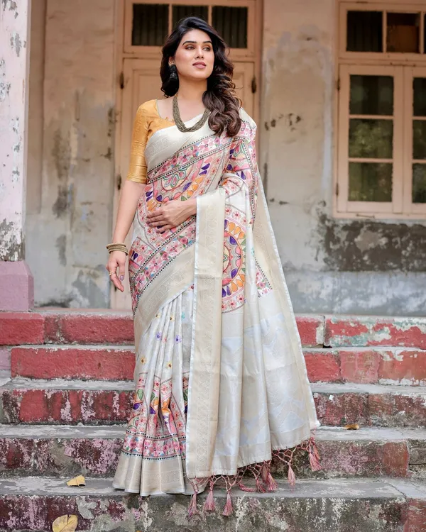 Off-White_and_Multicolor_Mandala_Design_Banarasi_Silk_Saree_with_Zari_Weave_and_Tassel-Adorned_Pallu