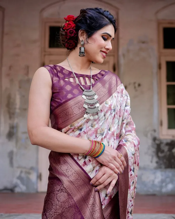 Elegant_Wine_Floral_Banarasi_Silk_Saree_with_Zari_Weave_and_Tassels