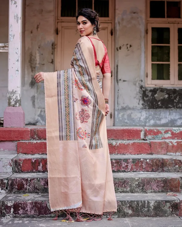 Elegant_Peach_Banarasi_Silk_Saree_with_Multicolor_Embroidery_and_Tassels