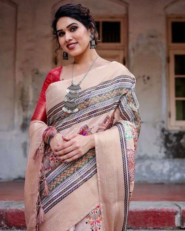 Elegant_Peach_Banarasi_Silk_Saree_with_Multicolor_Embroidery_and_Tassels