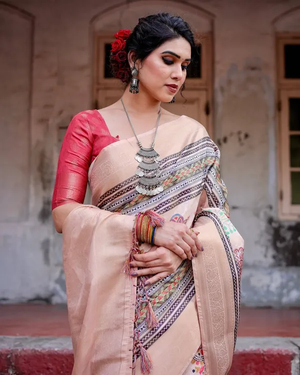Elegant_Peach_Banarasi_Silk_Saree_with_Multicolor_Embroidery_and_Tassels
