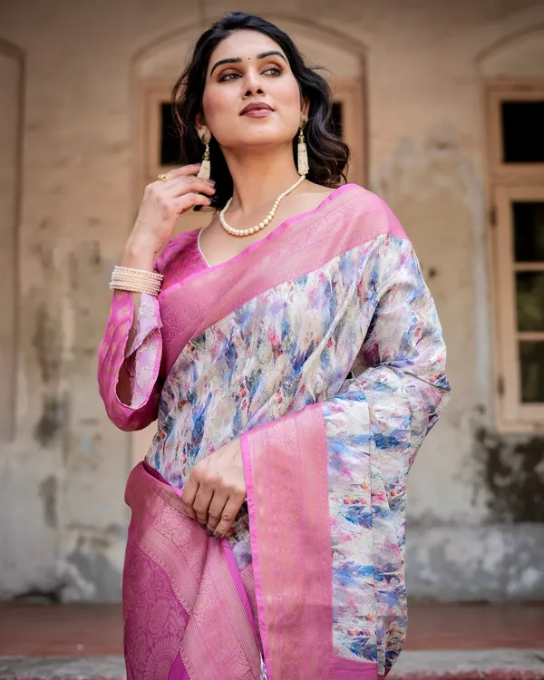 White_and_Pink_Floral_Digital_Print_Banarasi_Silk_Saree_with_Zari_Weave_and_Tassel-Embellished_Pallu
