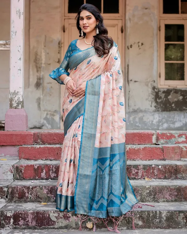 Peach_and_Teal_Floral_Digital_Print_Banarasi_Silk_Saree_with_Zari_Weave_and_Tassel-Adorned_Pallu