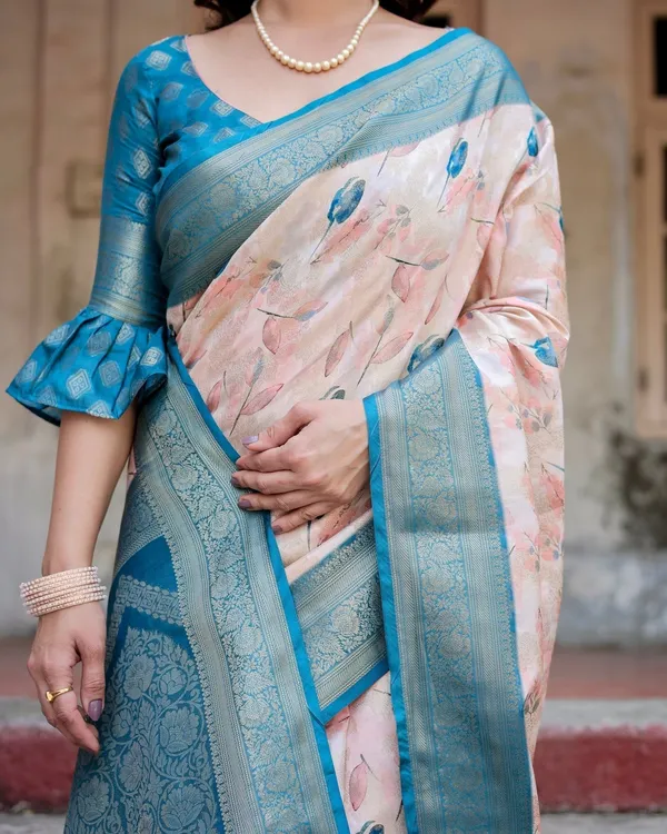 Peach_and_Teal_Floral_Digital_Print_Banarasi_Silk_Saree_with_Zari_Weave_and_Tassel-Adorned_Pallu