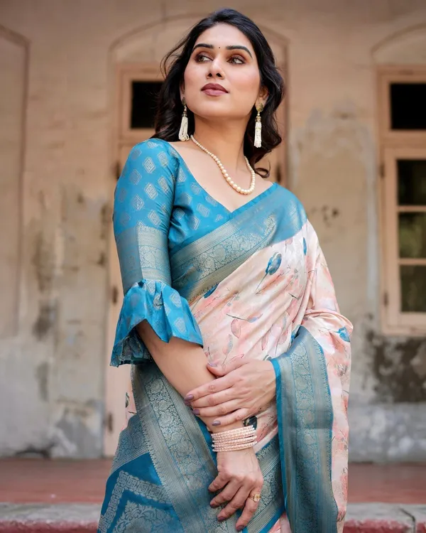 Peach_and_Teal_Floral_Digital_Print_Banarasi_Silk_Saree_with_Zari_Weave_and_Tassel-Adorned_Pallu