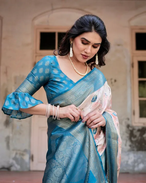 Peach_and_Teal_Floral_Digital_Print_Banarasi_Silk_Saree_with_Zari_Weave_and_Tassel-Adorned_Pallu