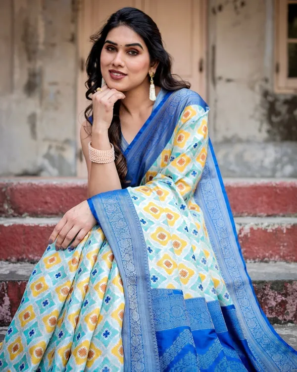 Yellow_and_Blue_Ikat_Digital_Print_Banarasi_Silk_Saree_with_Zari_Weave_and_Tassel-Embellished_Pallu
