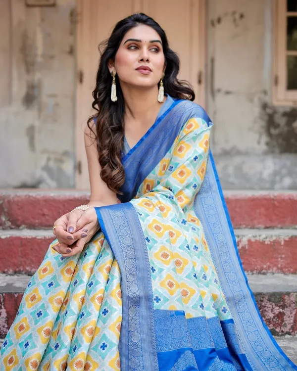Yellow_and_Blue_Ikat_Digital_Print_Banarasi_Silk_Saree_with_Zari_Weave_and_Tassel-Embellished_Pallu