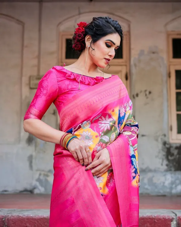 Hot_Pink_Multicolor_Floral_Digital_Printed_Banarasi_Silk_Saree_with_Zari_Woven_Border_and_Solid_Pink_Pallu_-_Includes_Tassels