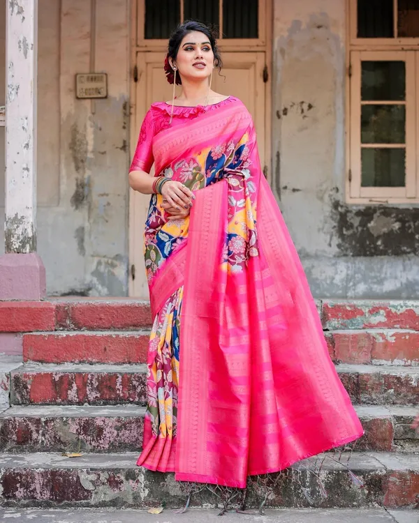 Hot_Pink_Multicolor_Floral_Digital_Printed_Banarasi_Silk_Saree_with_Zari_Woven_Border_and_Solid_Pink_Pallu_-_Includes_Tassels