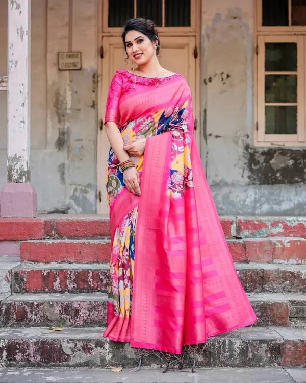 Hot_Pink_Multicolor_Floral_Digital_Printed_Banarasi_Silk_Saree_with_Zari_Woven_Border_and_Solid_Pink_Pallu_-_Includes_Tassels