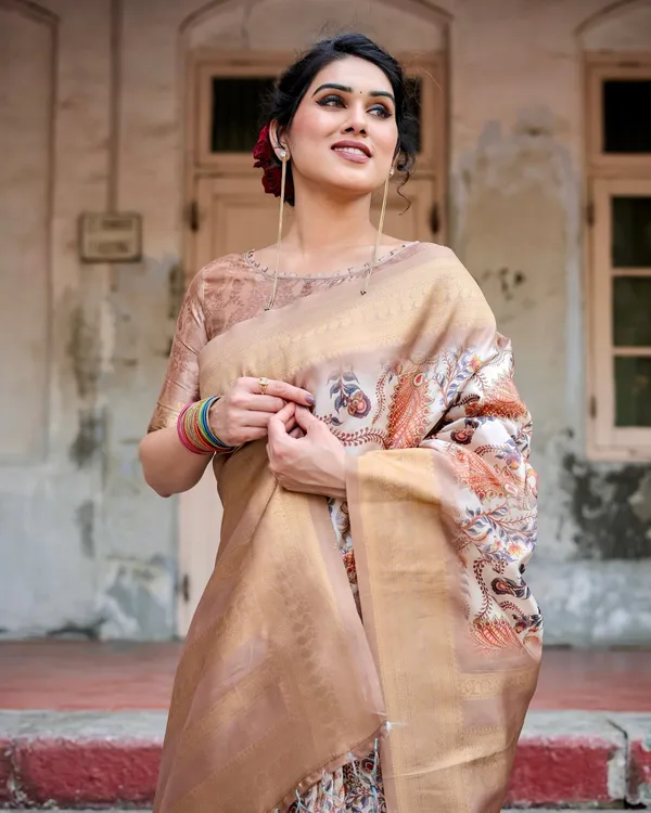 Elegant_Beige_Floral_Banarasi_Silk_Saree_with_Zari_Weave_and_Tassels