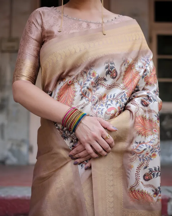 Elegant_Beige_Floral_Banarasi_Silk_Saree_with_Zari_Weave_and_Tassels