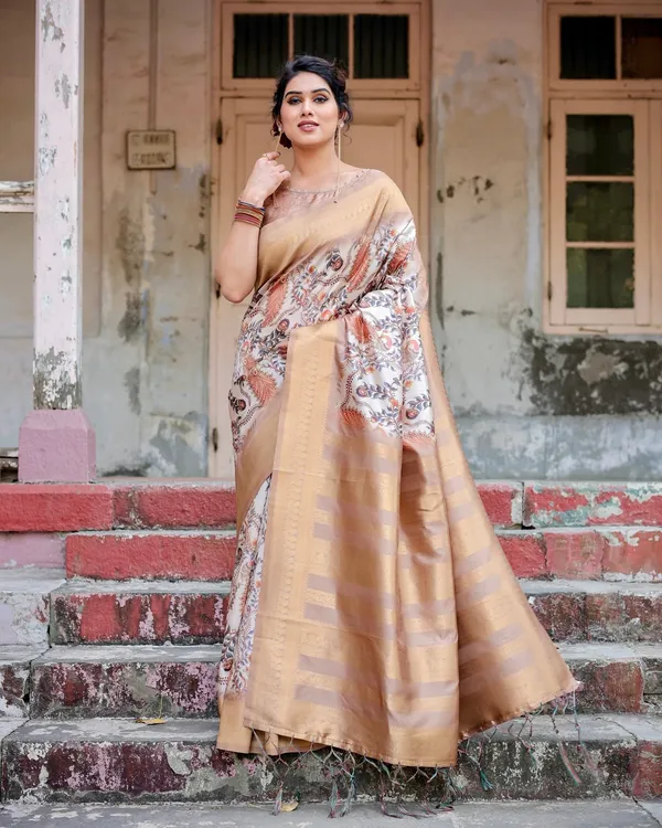 Elegant_Beige_Floral_Banarasi_Silk_Saree_with_Zari_Weave_and_Tassels