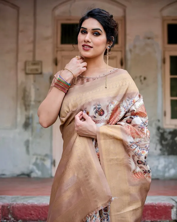 Elegant_Beige_Floral_Banarasi_Silk_Saree_with_Zari_Weave_and_Tassels