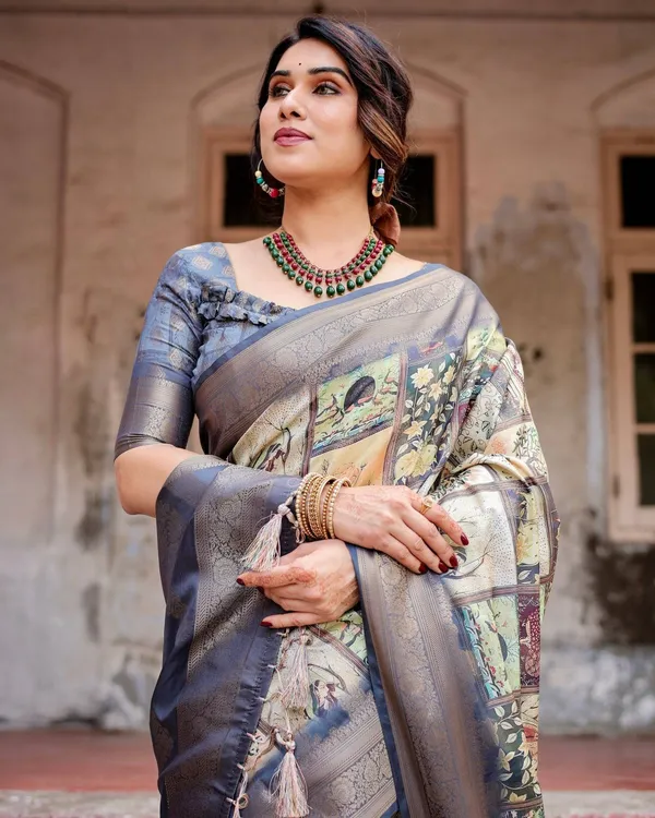 Banarasi_Silk_Saree_in_Beige_with_Multicolor_Paisley_and_Floral_Design