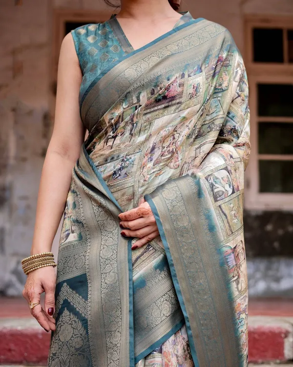 Graceful_Teal_Banarasi_Silk_Saree_with_Digital_Vintage_Prints_and_Zari_Weaving