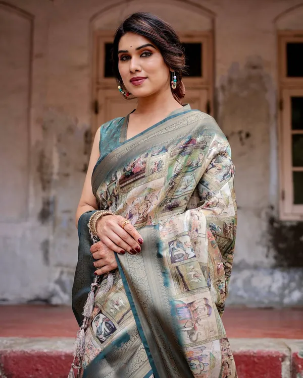 Graceful_Teal_Banarasi_Silk_Saree_with_Digital_Vintage_Prints_and_Zari_Weaving