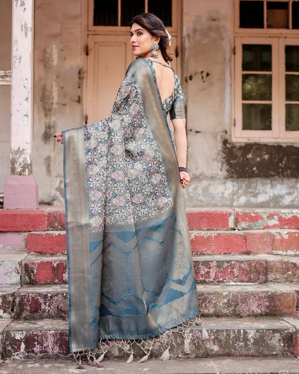 Elegant_Blue_and_Grey_Banarasi_Silk_Saree_with_Intricate_Floral_Patterns,_Zari_Woven_Borders,_and_Tassel_Accents