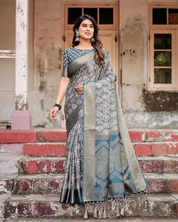 Elegant_Blue_and_Grey_Banarasi_Silk_Saree_with_Intricate_Floral_Patterns,_Zari_Woven_Borders,_and_Tassel_Accents