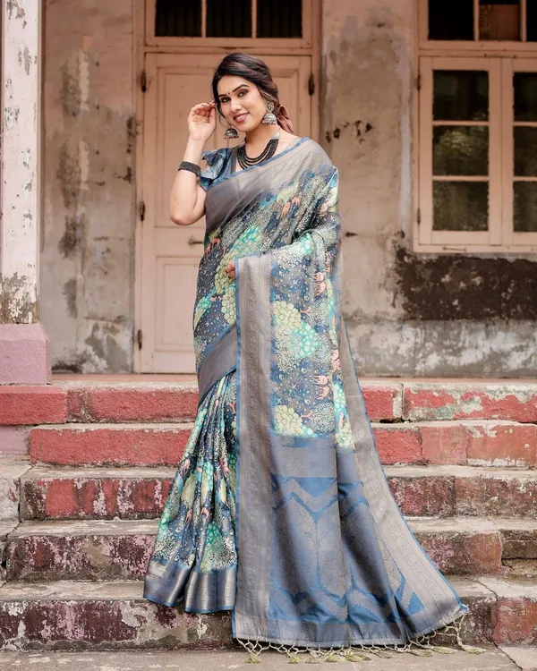 Graceful_Navy_Blue_Banarasi_Silk_Saree_with_Nature-Inspired_Digital_Prints_and_Elegant_Zari_Woven_Border
