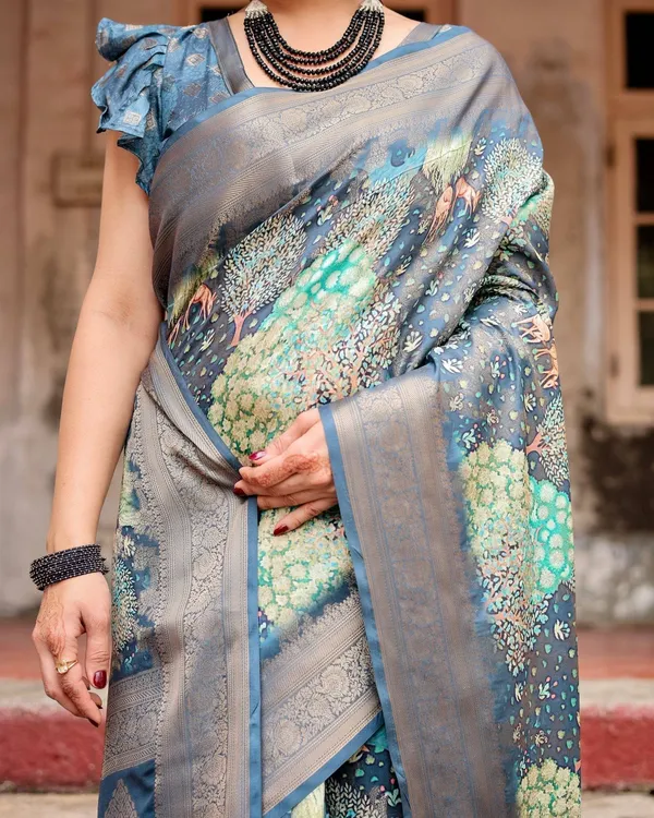Graceful_Navy_Blue_Banarasi_Silk_Saree_with_Nature-Inspired_Digital_Prints_and_Elegant_Zari_Woven_Border