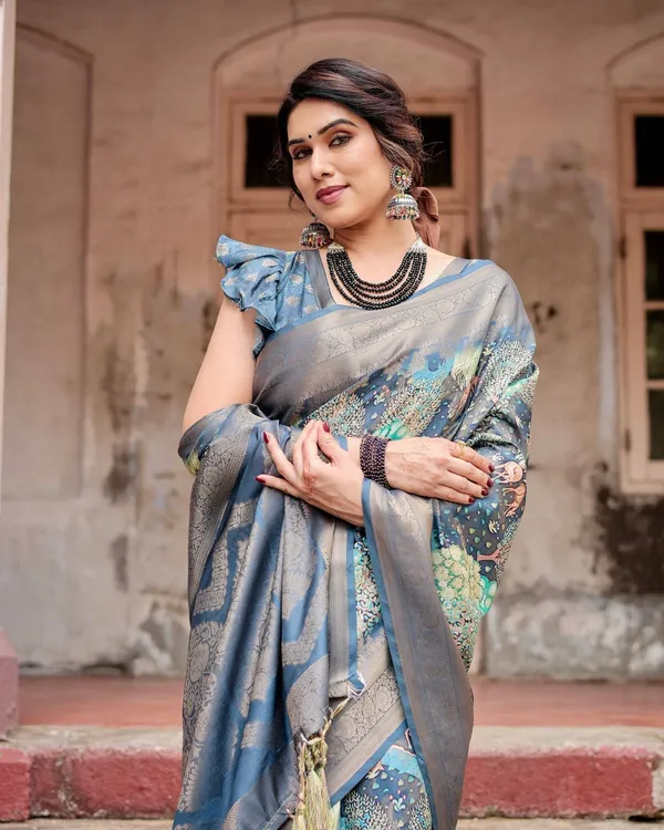 Graceful_Navy_Blue_Banarasi_Silk_Saree_with_Nature-Inspired_Digital_Prints_and_Elegant_Zari_Woven_Border