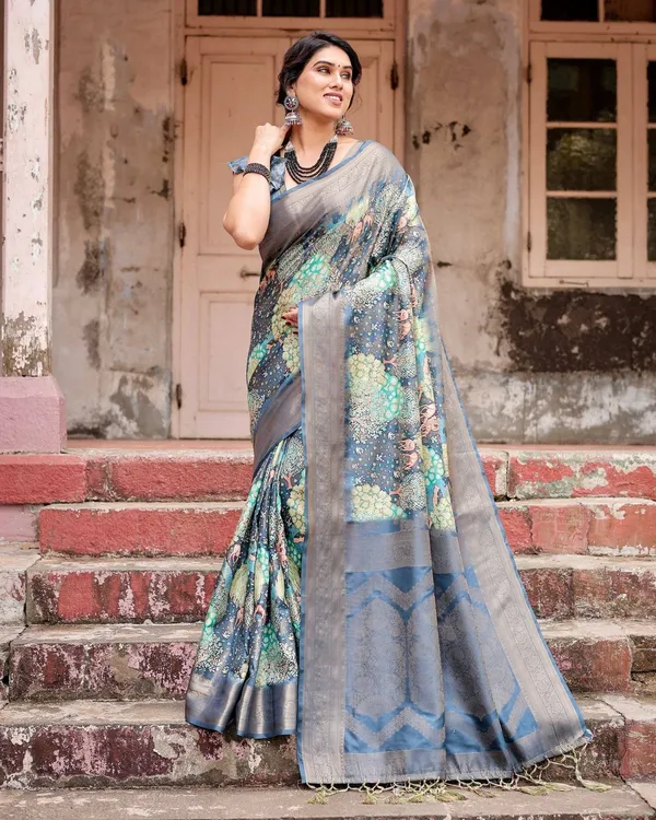 Graceful_Navy_Blue_Banarasi_Silk_Saree_with_Nature-Inspired_Digital_Prints_and_Elegant_Zari_Woven_Border