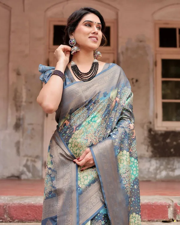 Graceful_Navy_Blue_Banarasi_Silk_Saree_with_Nature-Inspired_Digital_Prints_and_Elegant_Zari_Woven_Border