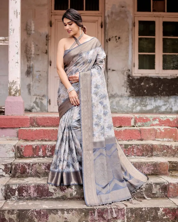 Grey_Banarasi_Silk_Saree_with_Abstract_Floral_Print,_Zari_Border_&_Tassel_Detailing