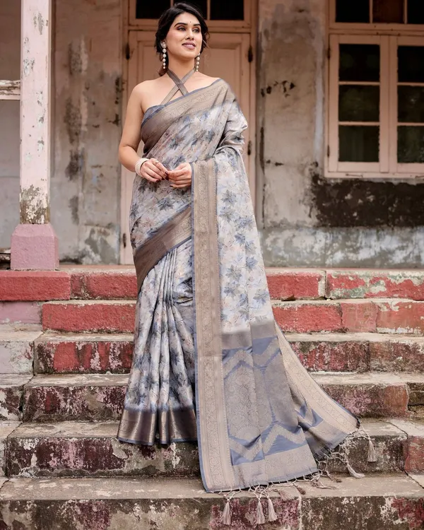 Grey_Banarasi_Silk_Saree_with_Abstract_Floral_Print,_Zari_Border_&_Tassel_Detailing
