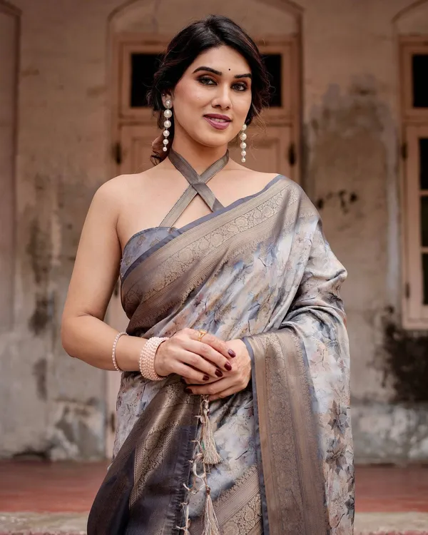 Grey_Banarasi_Silk_Saree_with_Abstract_Floral_Print,_Zari_Border_&_Tassel_Detailing
