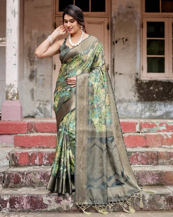 Green_Banarasi_Silk_Saree_with_Lush_Botanical_Digital_Print_&_Intricate_Zari_Border
