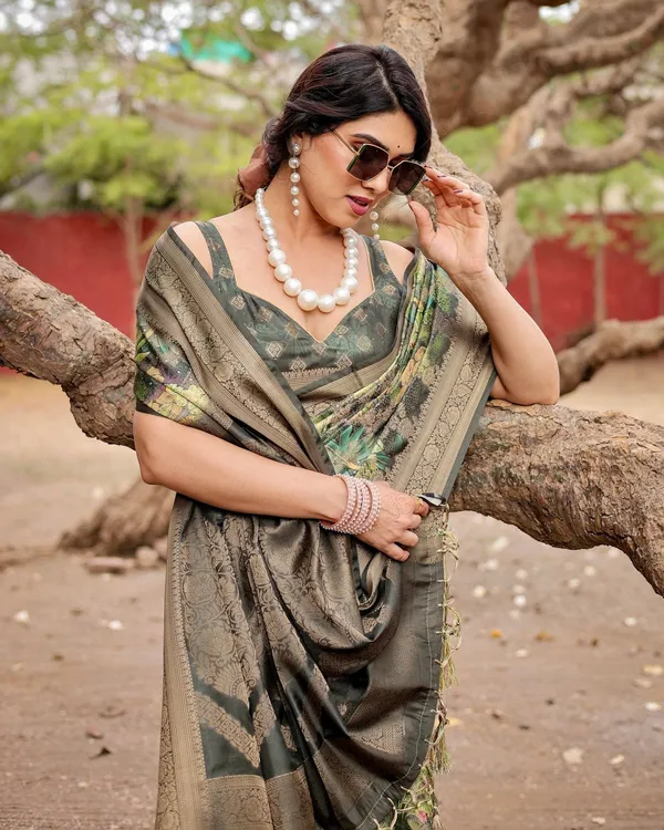 Green_Banarasi_Silk_Saree_with_Lush_Botanical_Digital_Print_&_Intricate_Zari_Border