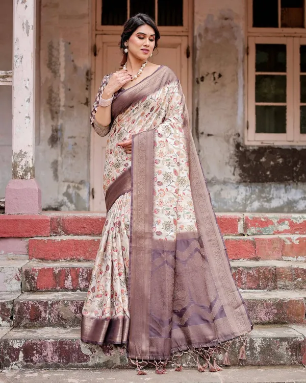 Ivory_Banarasi_Silk_Saree_with_Plum_Zari_Border,_Floral_Print,_and_Tassels