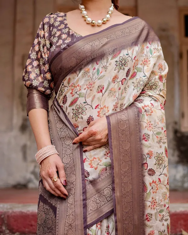 Ivory_Banarasi_Silk_Saree_with_Plum_Zari_Border,_Floral_Print,_and_Tassels