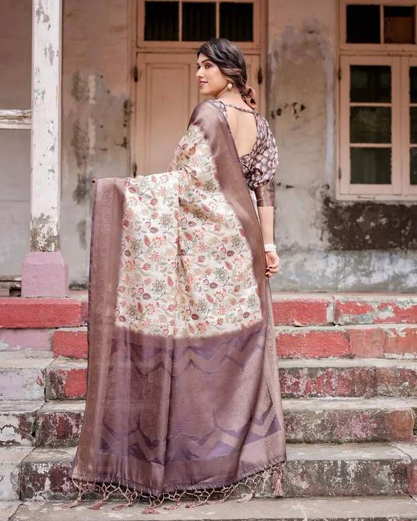 Ivory_Banarasi_Silk_Saree_with_Plum_Zari_Border,_Floral_Print,_and_Tassels