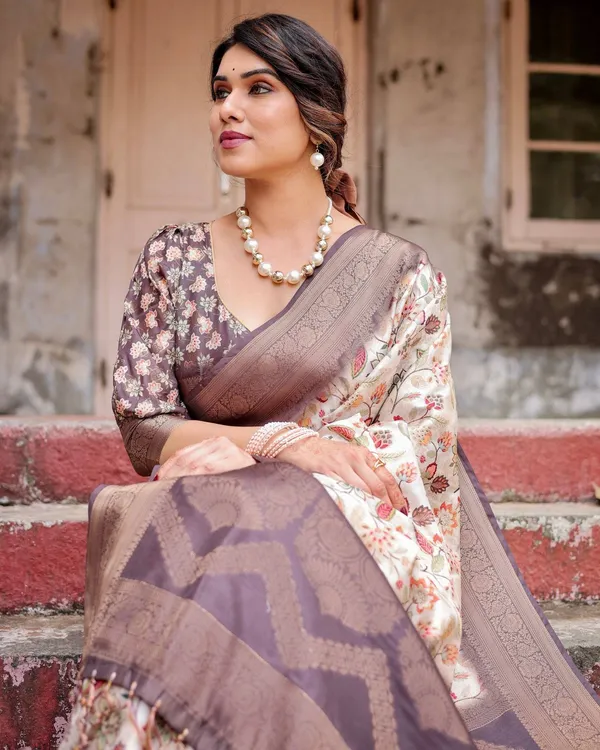 Ivory_Banarasi_Silk_Saree_with_Plum_Zari_Border,_Floral_Print,_and_Tassels