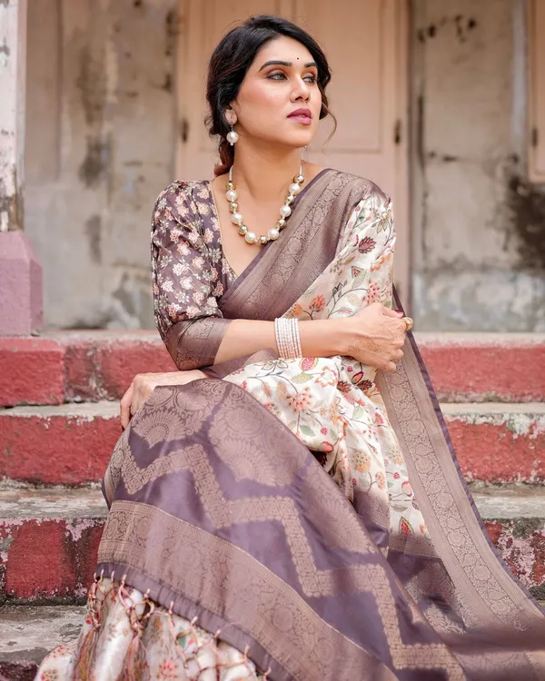 Ivory_Banarasi_Silk_Saree_with_Plum_Zari_Border,_Floral_Print,_and_Tassels