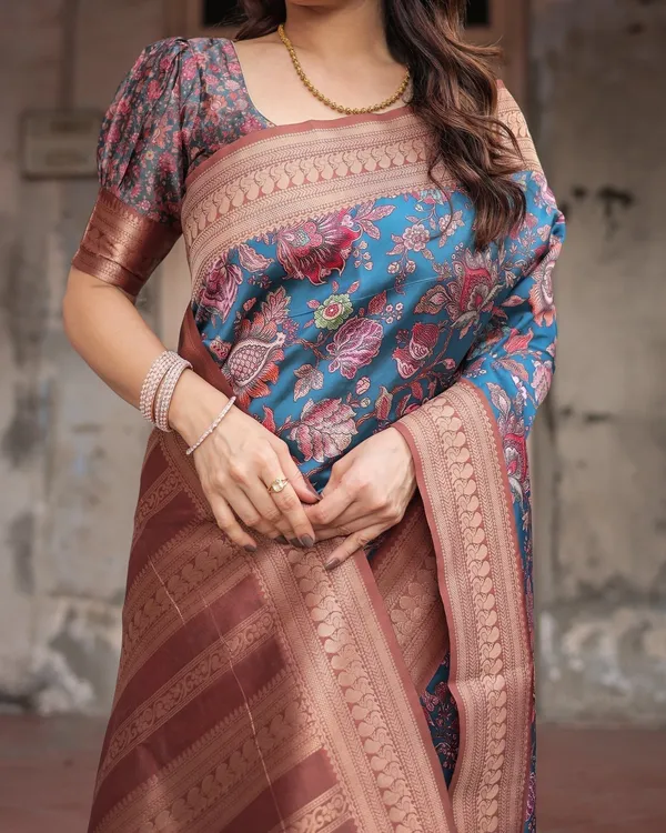 Teal_Banarasi_Silk_Saree_with_Rust_Zari_Border_and_Floral_Motifs