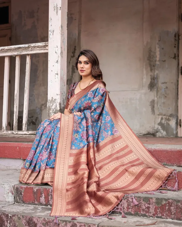 Teal_Banarasi_Silk_Saree_with_Rust_Zari_Border_and_Floral_Motifs