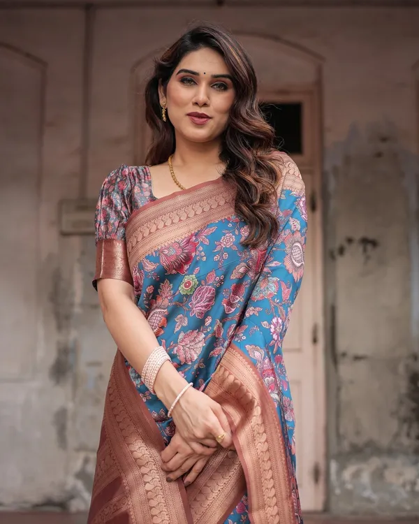 Teal_Banarasi_Silk_Saree_with_Rust_Zari_Border_and_Floral_Motifs