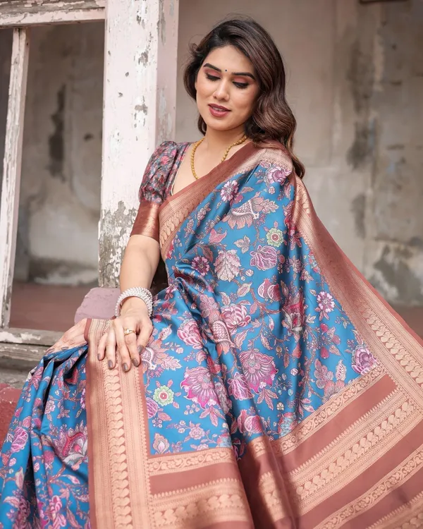 Teal_Banarasi_Silk_Saree_with_Rust_Zari_Border_and_Floral_Motifs