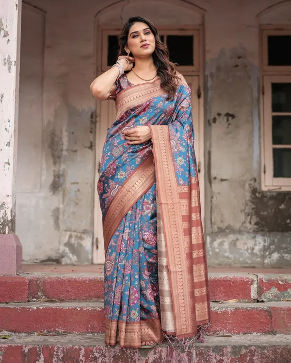 Teal_Banarasi_Silk_Saree_with_Rust_Zari_Border_and_Floral_Motifs
