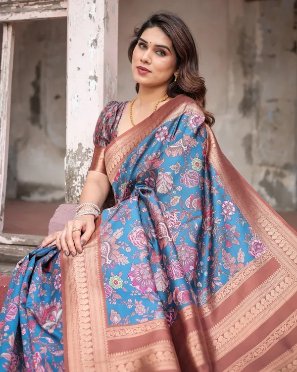 Teal_Banarasi_Silk_Saree_with_Rust_Zari_Border_and_Floral_Motifs