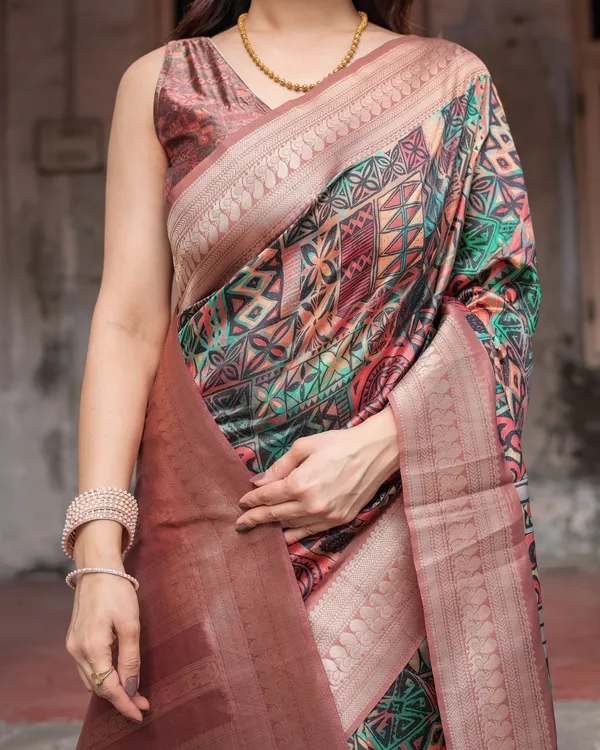 Multicolor_Geometric_Print_Banarasi_Silk_Saree_with_Copper_Zari_Border