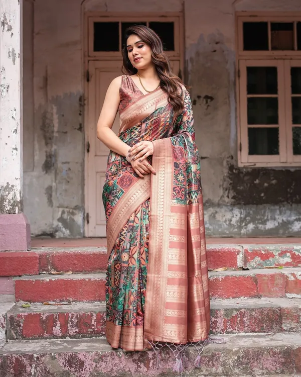 Multicolor_Geometric_Print_Banarasi_Silk_Saree_with_Copper_Zari_Border