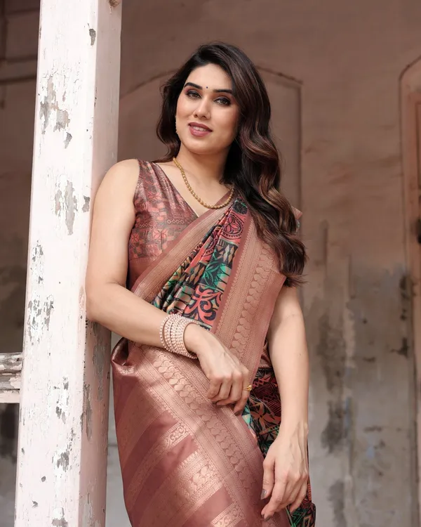 Multicolor_Geometric_Print_Banarasi_Silk_Saree_with_Copper_Zari_Border