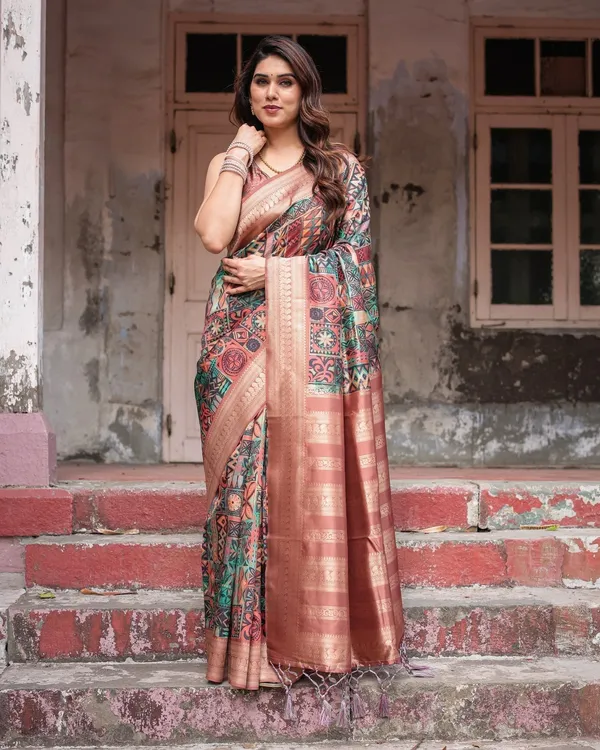 Multicolor_Geometric_Print_Banarasi_Silk_Saree_with_Copper_Zari_Border