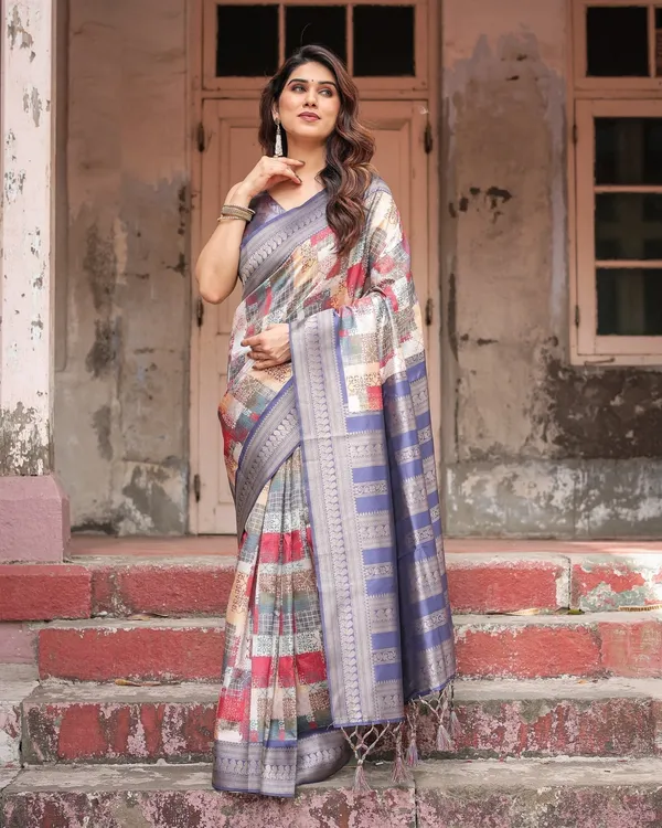 Multicolor_Banarasi_Silk_Saree_with_Abstract_Checkered_Print_&_Lavender_Zari_Border